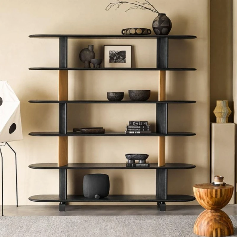 all-solid wood display bookcase household living room multi-layer floor-to-ceiling cabinet wall storage black bookshelf