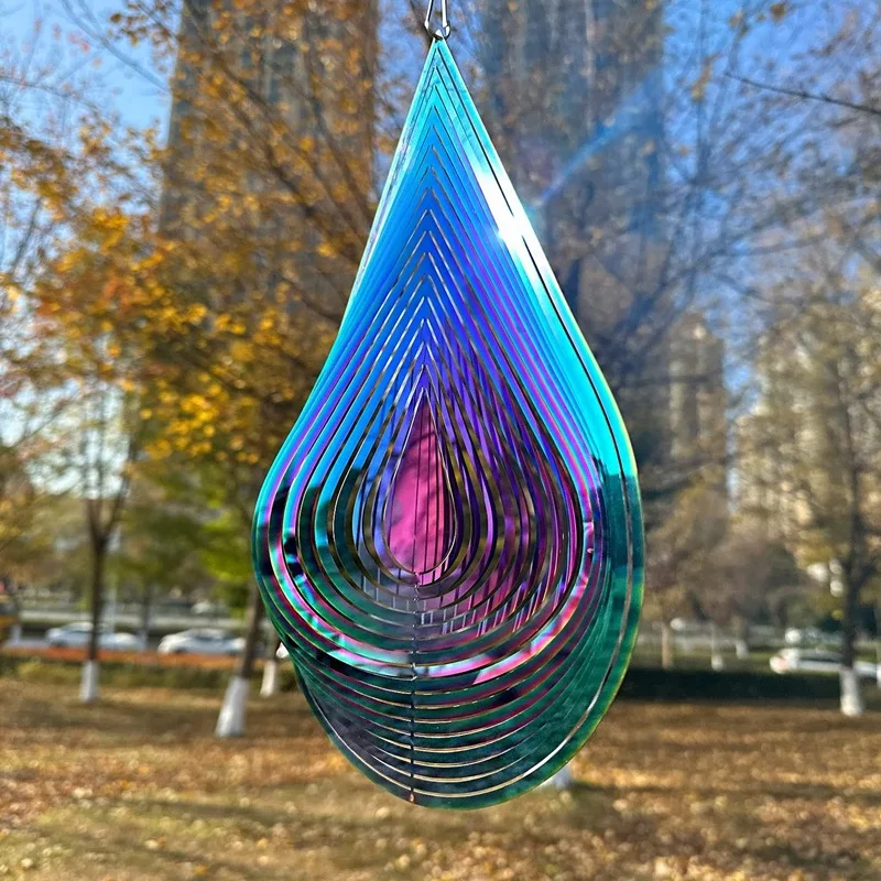 360° Rotating 3D Stainless Steel Wind Chime Colorful Raindrop Garden Decor with Metal Spinner Outdoor Rotating Wind Bell