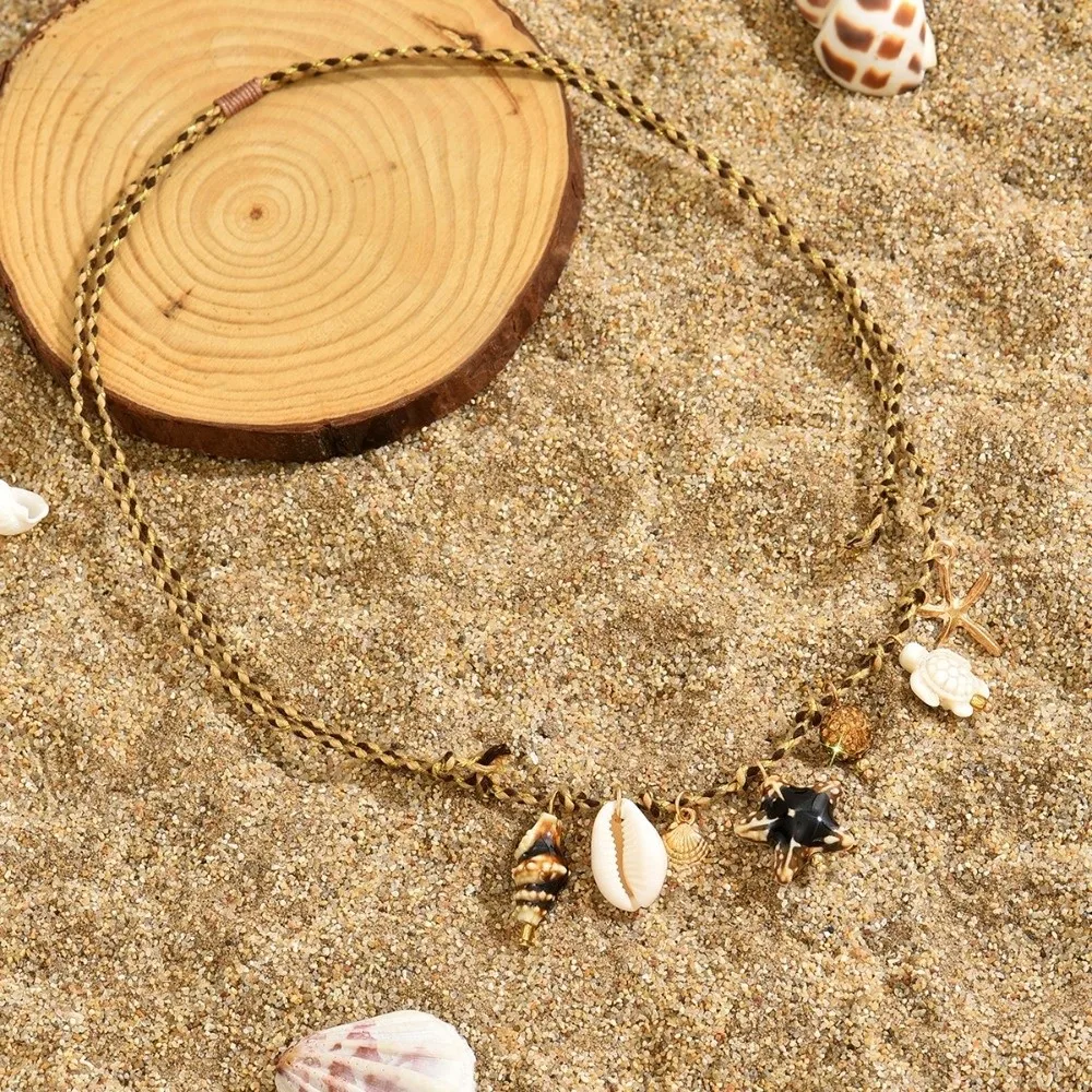 New Ocean Style Ceramic Fish Pendant Necklaces Woven Bohemian Conch Starfish Bracelets Adjustable Colorful Shell Anklet Beach