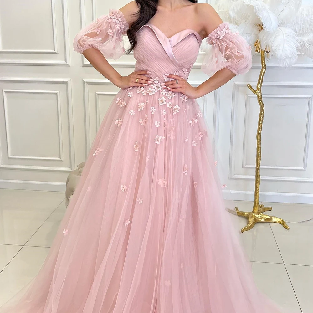 Dostosowane wykwintne aplikacje drapowane bez ramiączek długość podłogi linia A Vestidos De Fiesta Organza Off The Shoulder suknie typu Sweep Train