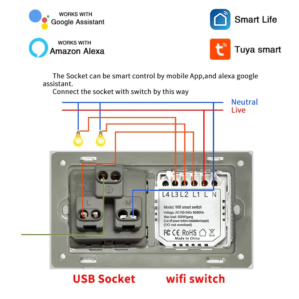 US Smart House Tuya Wifi Switch With Socket  Glass Panel Sensor Button Inteligente Work With Google Home Alexa Voice Control