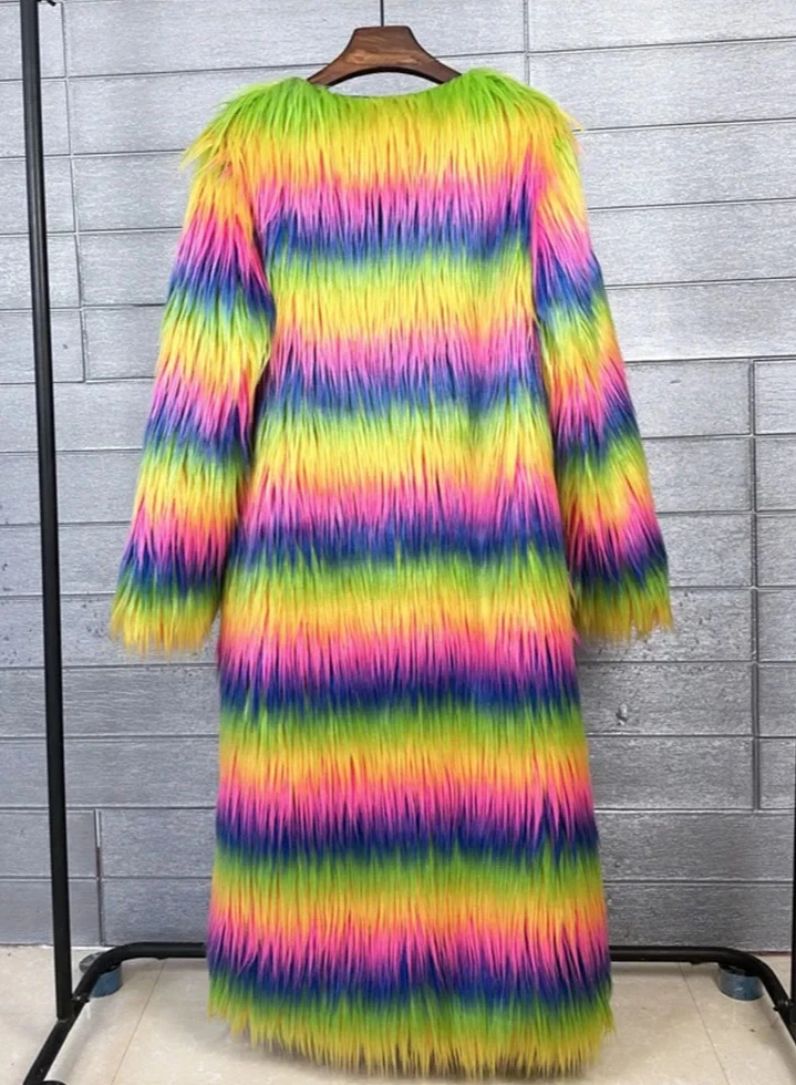 معطف نسائي شتوي أنيق منفوش من فرو الأغنام الصناعي بألوان قوس قزح سترة من الفرو الصناعي للنساء معاطف فرو طويلة للغاية #6