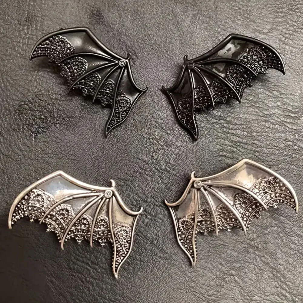 1pairs Vintage Lace Bat Wing Hair ClipsGothic Black Silver Bat Hair Barrettes,Halloween Cosplay Hair Accessories for Women Girls