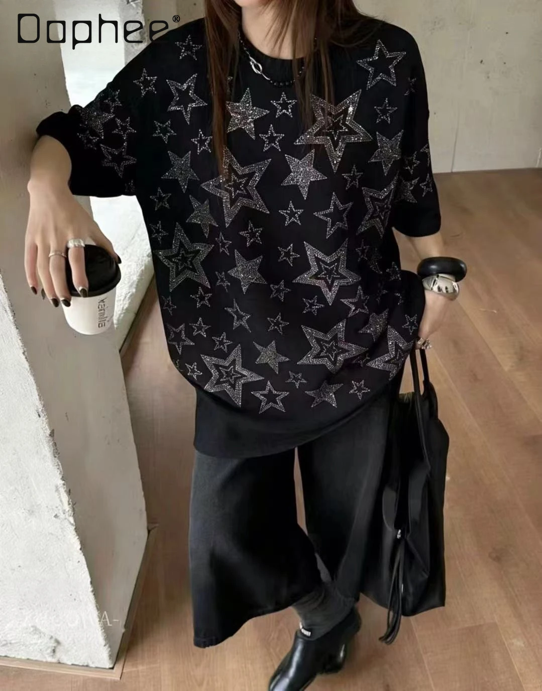 

Женская футболка 2026 года, летняя, новая модная, с объемным декором из страз в виде пятиконечной звезды, тай-дай, с круглым вырезом, свободного кроя, с коротким рукавом