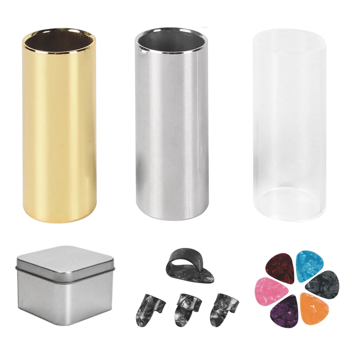 

A71P 60mm Guitar Slide Set,Stainless Steel Metal/Glass Finger Slides 6 Pcs Guitar Picks,and 4 Finger Picks Guitar Accessories