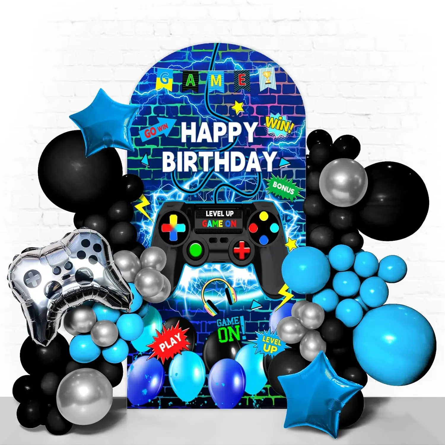 Game Themed Happy Birthday Arch Backdrop for Children Custom 2-sided Level Up Game on Party Banner Photo Background Supplies