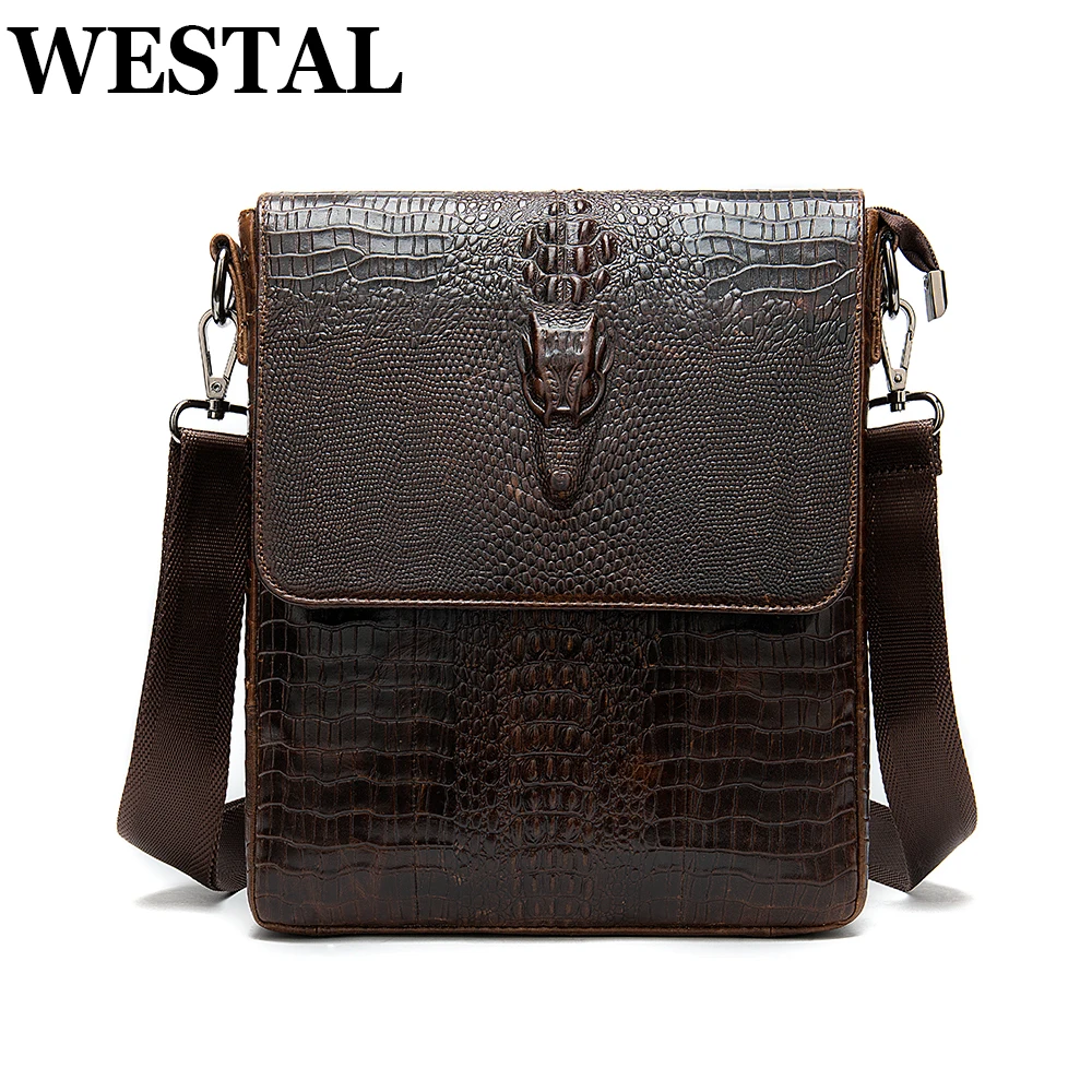 WESTAL Men\'s Shoulder Bag for Men Genuine Leather Crocodile Pattern Vintage Crossbody Bag for Men Flap Zipper Messenger Bag 8857