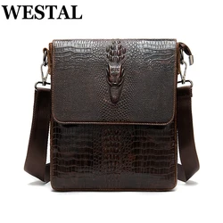 WESTAL Men's Shoulder Bag for Men Genuine Leather Crocodile Pattern Vintage Crossbody Bag for Men Flap Zipper Messenger Bag 8857