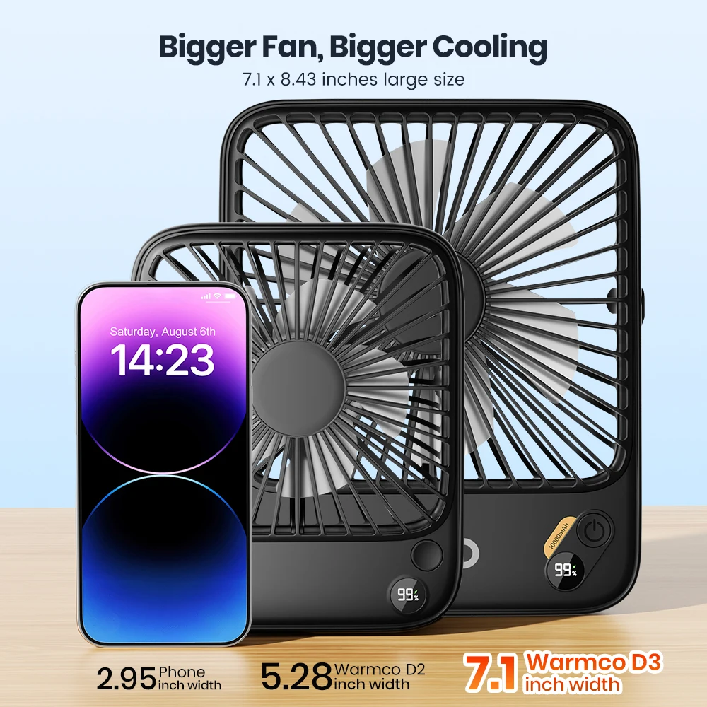 Warmco D3 Portable Desk Fan Rechargeable 10000mAh Battery Personal Fan,Quiet 4 Speed 180° Tilt Folding Small Fan Office Home image 6