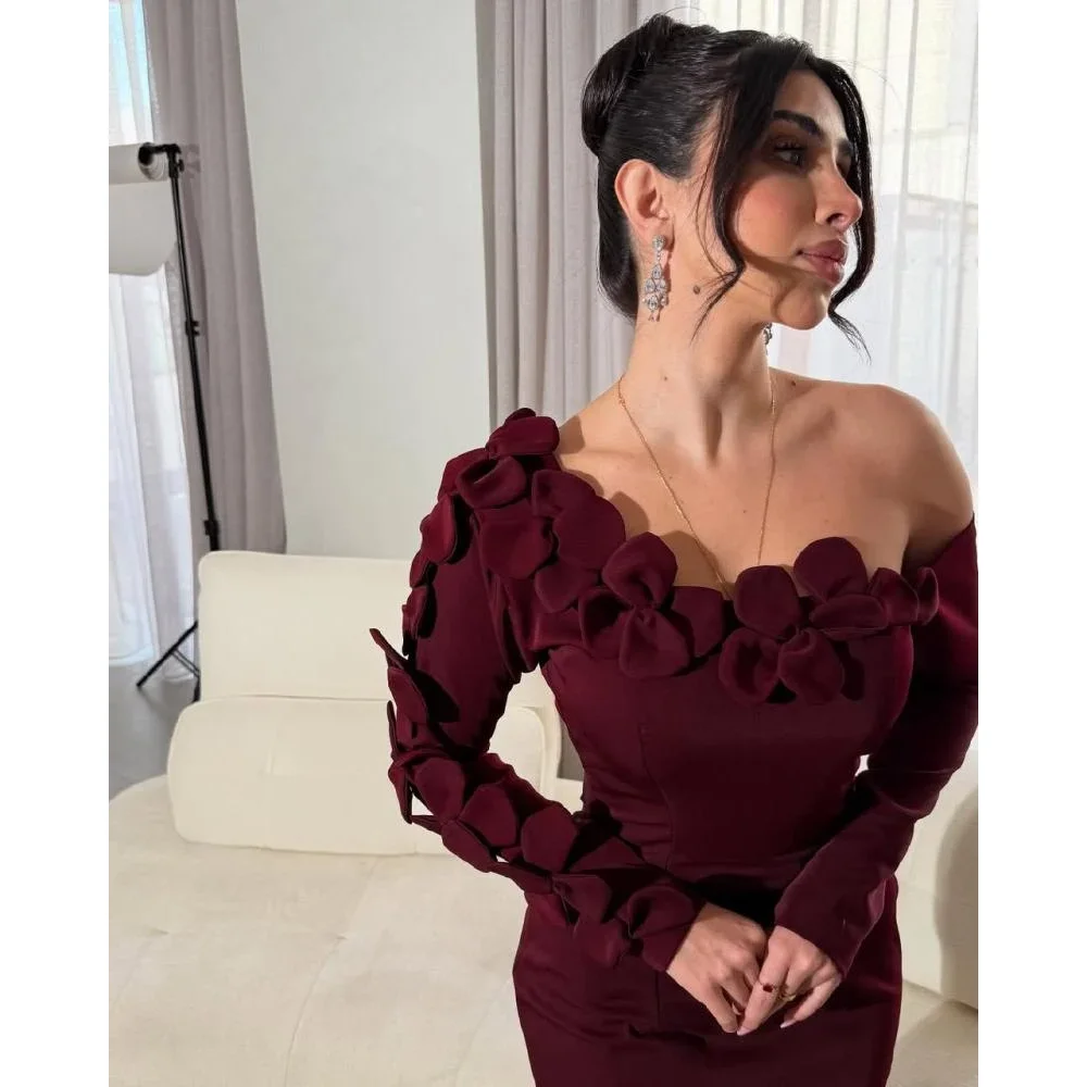 Robe de soirée bordeaux pour femmes, élégante, épaules dénudées, fleurs, longueur cheville, robe de bal sirène, manches longues, robe formelle personnalisée