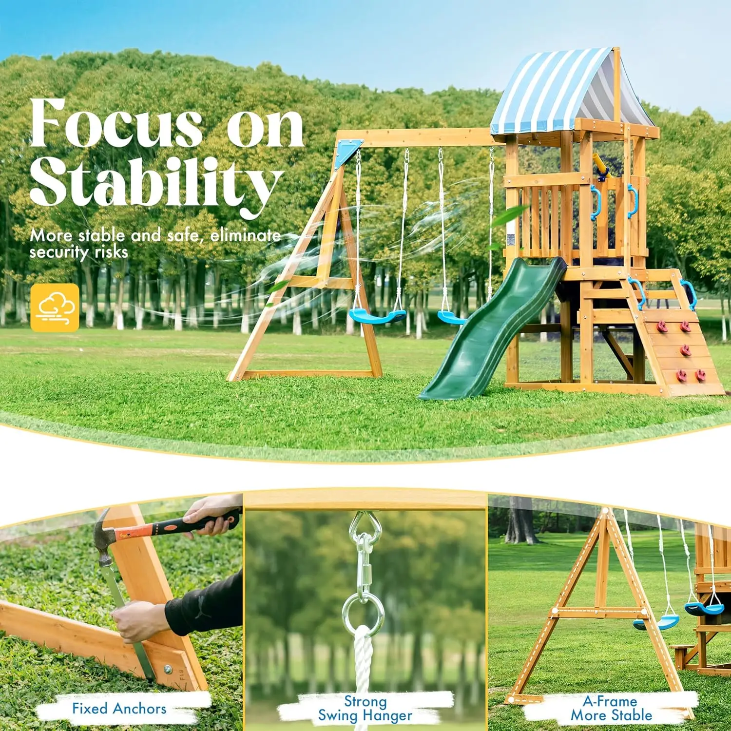 Robotime Robud Wooden Swing Set with Dual Swings Slide Rock Climbing Wall Chalkboard Telescope Fort for Backyard Fun for Kids