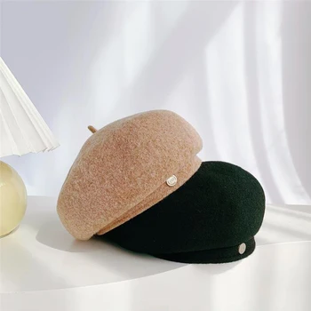 Women French Art Retro Wool Felt Autumn Solid Colors Warm Winter Beanie Hat Beret Cap For…