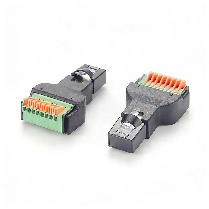 RJ45 Male Solderless Connector to 8-Pin Terminal Block, 8P8C Network Pass-Through Socket with Push-In Terminal Block