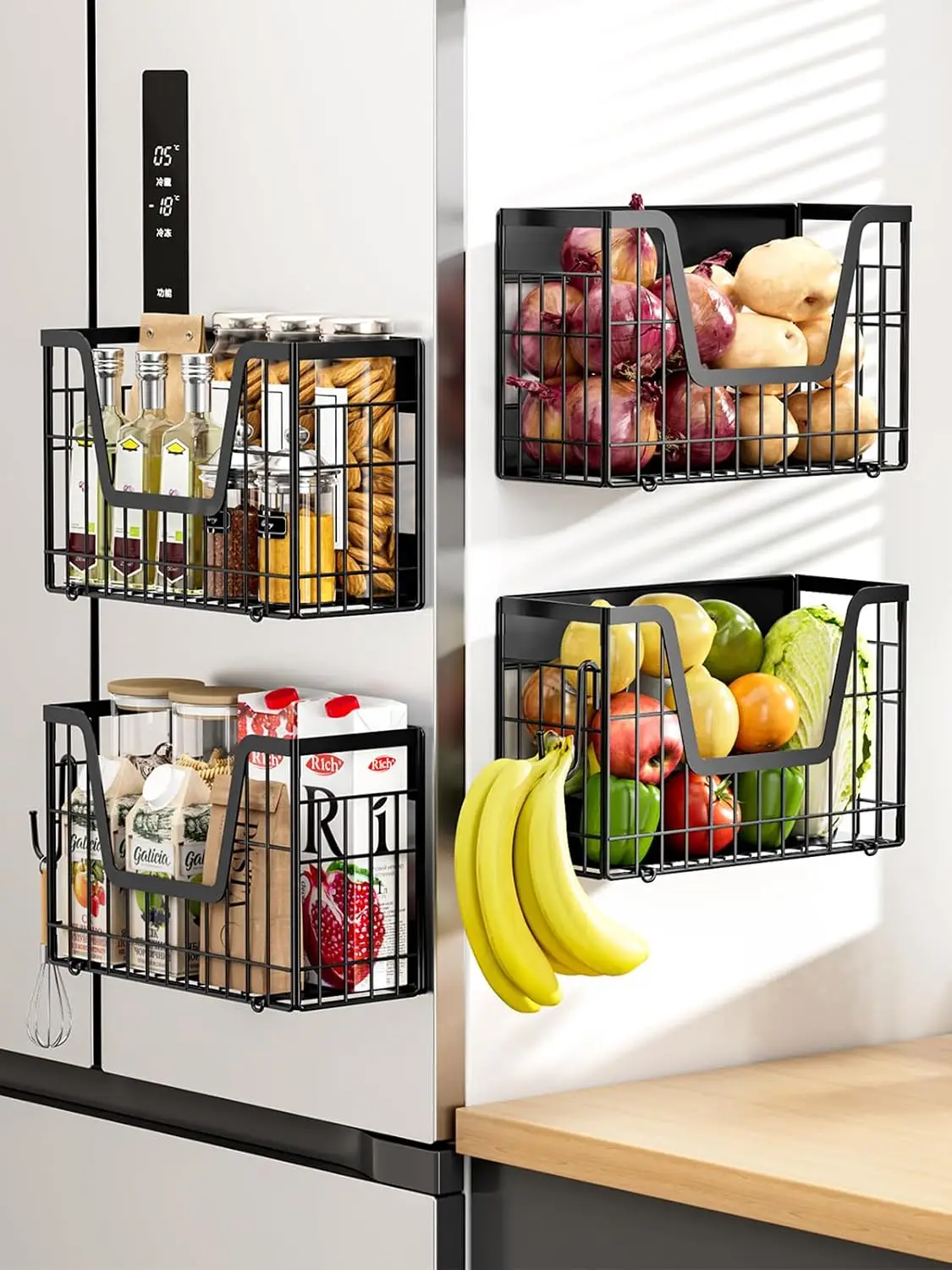 4-Pack Magnetic Fridge Shelf, Black Fruit Basket Potato Storage | Magnetic Shelf Refrigerator Organizer for Fruit & Veggie, Pota