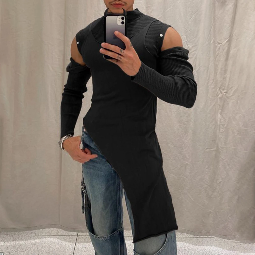 

Autumn Winter Fashion Slim Fit Half Turtleneck Bottoming Shirt European And American Mens Elastic Design Button Shoulder T-Shirt