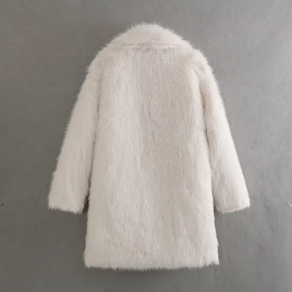 White Chic Fashion Artificial Fur Big Turn Down Collar Long Sleeves Hook Button Pocket Design Women Loose Coat ZATAF 2024 New