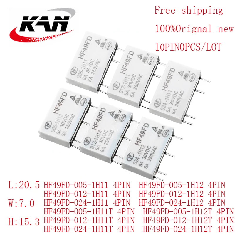 Free shipping 10pcs relay HF49FD-005-1H11 HF49FD-012-1H11 HF49FD-024-1H11 1H12 5VDC 12VDC 24VDC 5A 250VAC 4PIN Original New