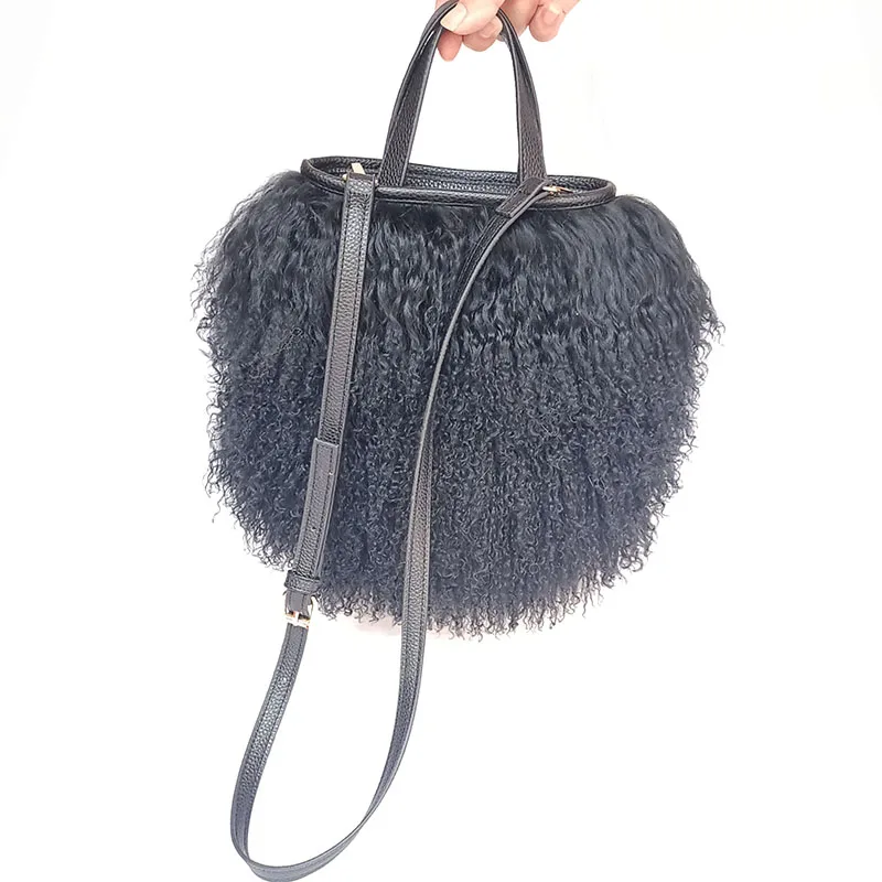 2023 Women Real Mongolia Lamb Fur Bag Natural Sheep Fur Handbag With Long Belt Real Lamb Fur Handle Bag