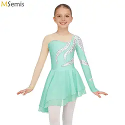 Kids Girls Gymnatics Artistic Figure Skating Ballet Lyrical Dance Dress Long Sleeve Round Neckline Shiny Sequins Ballerina Dress