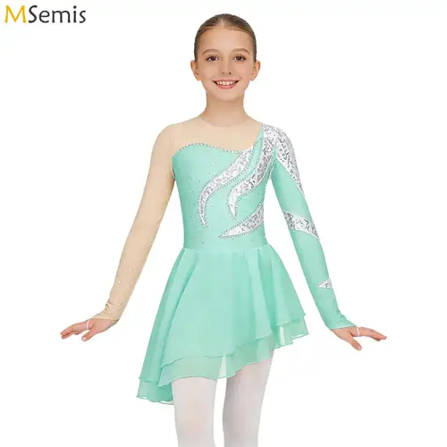 Vestido de baile lírico de Ballet artístico para niñas, gimnasia, patinaje artístico, manga larga, escote redondo, lentejuelas brillantes, vestido de bailarina