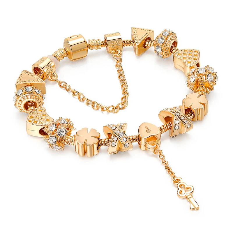 

New Fashion Jewelry Woman's Crystal Zircon Beads Gold key Lock Charms Bracelet RJ223