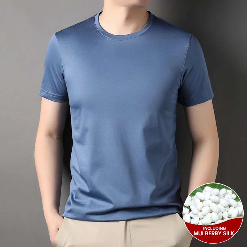 Top Grade 1.7% Mulberry Silk New Brand Tops Round Neck t Shirts For Men 2023 Summer Short Sleeve Casual Fashion Mens Clothing