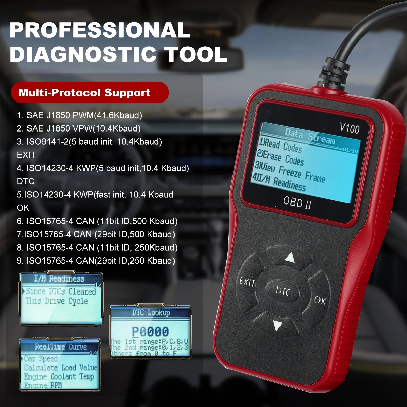 Scanner Code Reader Car Diagnostic Tool Engine Fault Code Reader for Turn Off CEL with Live Data/Freeze Frame/I/M Readiness for