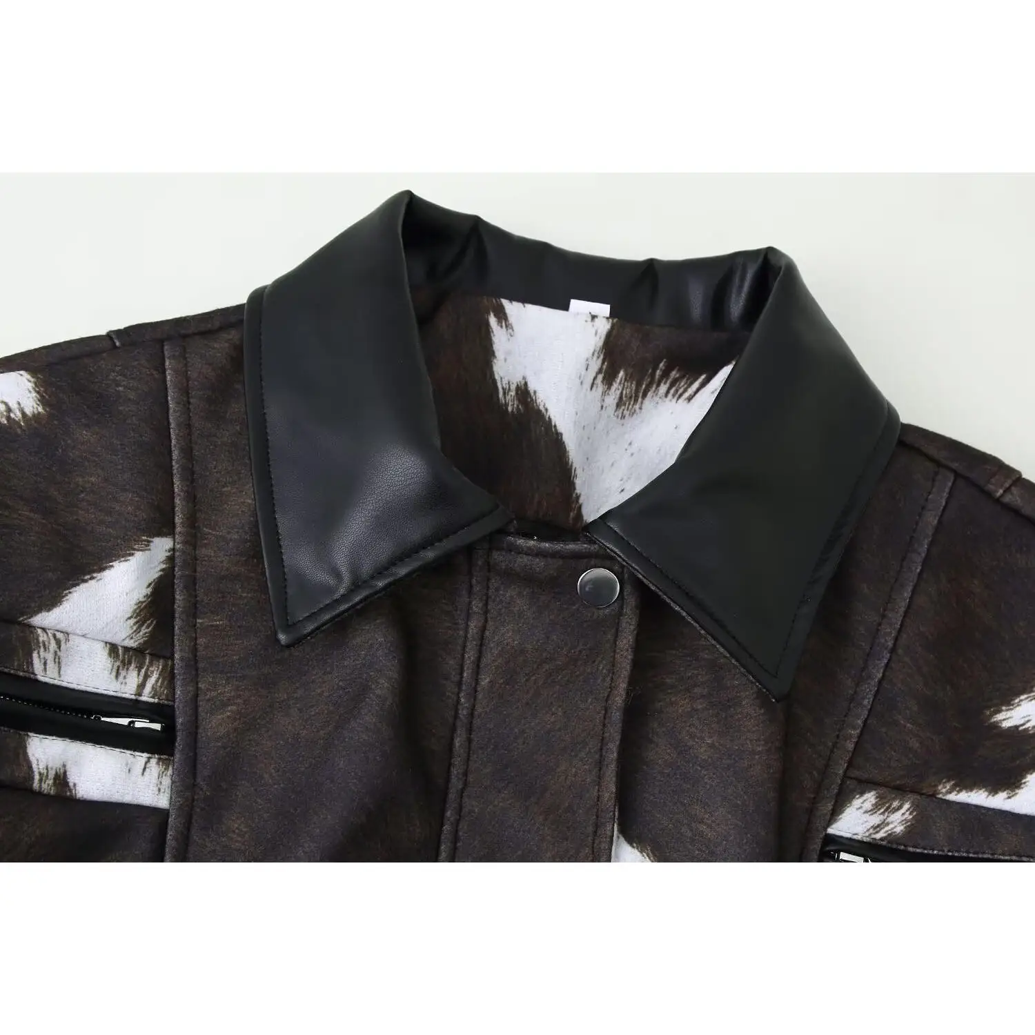 Modna kurtka damska ze skóry ekologicznej z nadrukiem krowiego wzoru, nowa kolekcja jesienna, JNLEAOG, z włókna poliestrowego, z długim rękawem, zapinana na zamek.