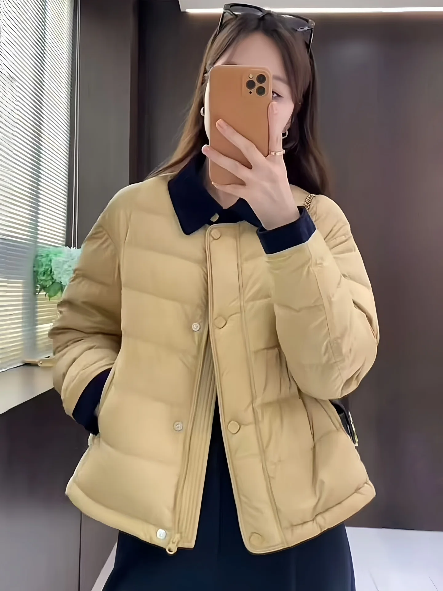 

Winter New Loose Fit Duck down Jacket Women's High Warmth Short Style Color Block Collar Coat Korean Style Commute Fashion