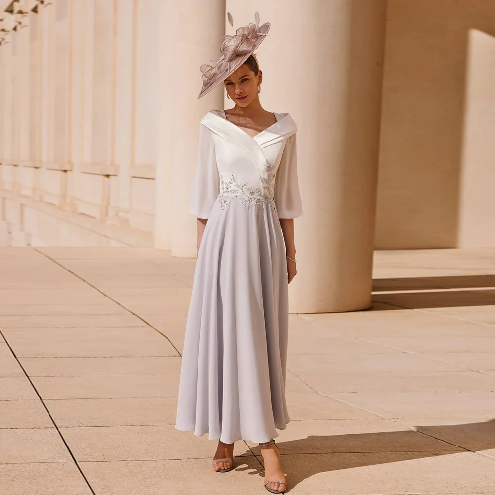 Vestido elegante de gasa para madre de la novia, traje con escote en V, mangas 3/4, apliques de línea a hasta el tobillo