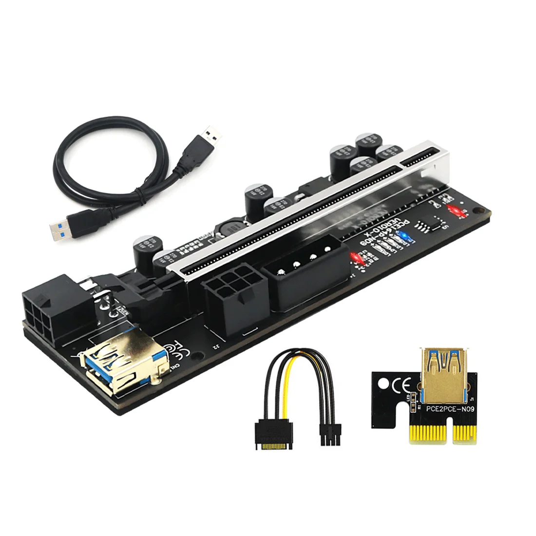 

New 010-X PCIE 1x to 16x USB 3.0 Extension Card with 6P to SATA Cable for GPU Graphics Card Powered Riser Adapter Card