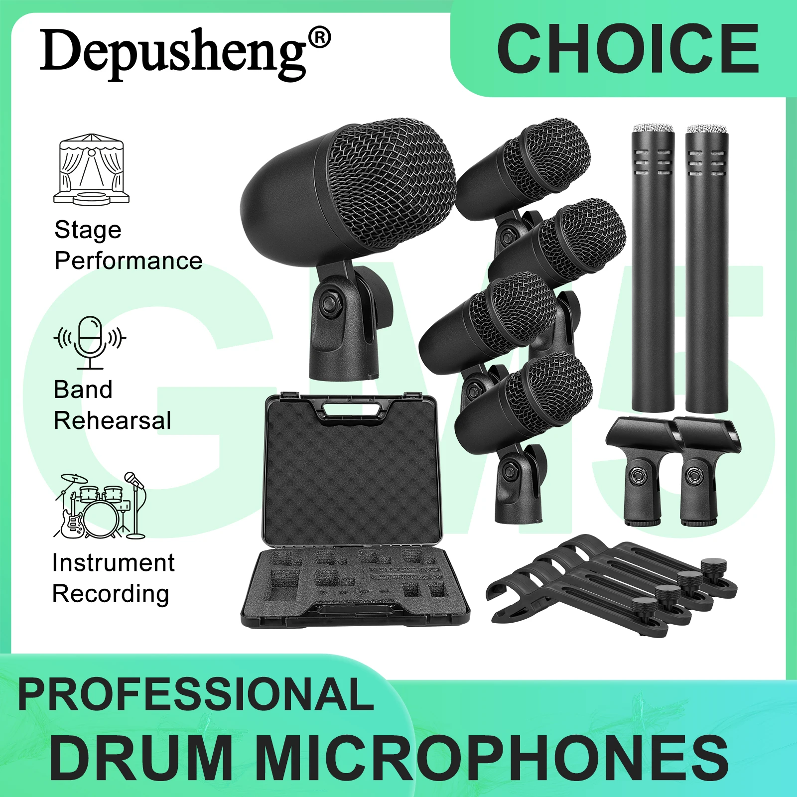 7-teiliges kabelgebundenes dynamisches Trommelmikrofon-Set Dpusheng GM7 für Bass/Trommel, Tom/Snare, Becken, geeignet für Studioaufnahmen und Live-Auftritte