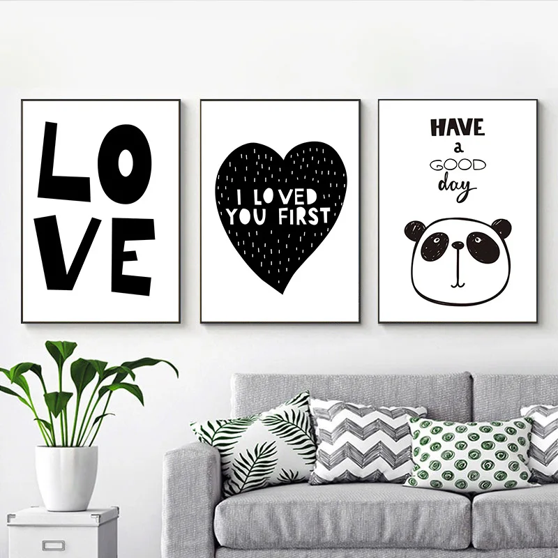 Cute Cartoon Black White Panda Canvas Art Posters Prints Modern Wall Decorative Picture for Nusery Bedroom Simple Home Decor