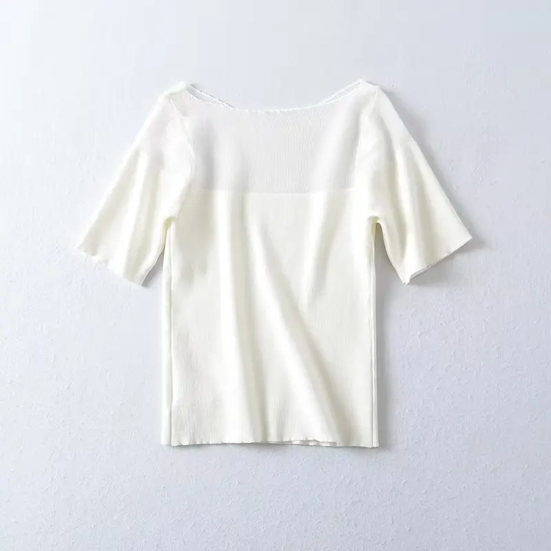 Withered 2024 Summer Tshirts Women Basic Solid Color Knitted Stitching Fashion White T-Shirt Top Ladie