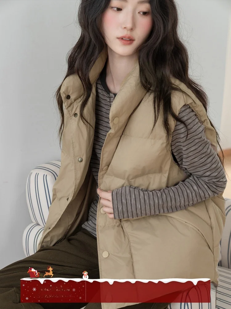 MoZa Khaki Svel Layered Fce Vest Women's Autumn Winter New Loose Outerwear Warm Jaet Outerwear Commute Sle