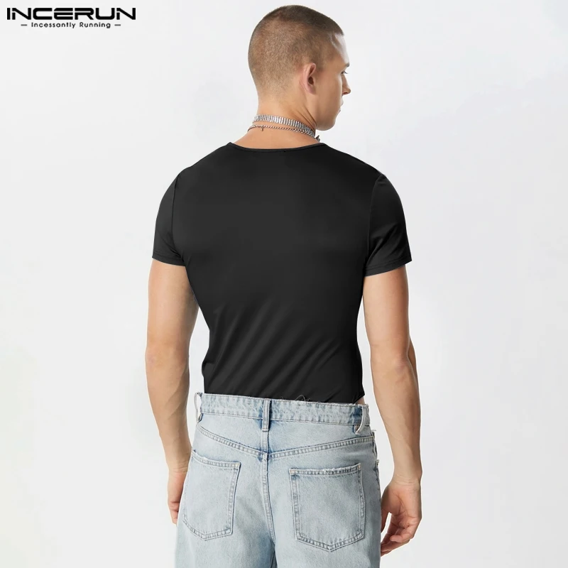 INCERUN-Barboteuses à manches courtes pour hommes, costume de batterie, document solide, col rond, manches courtes, streetwear, t-shirt fitness, mode décontractée, S-5XL, 2023