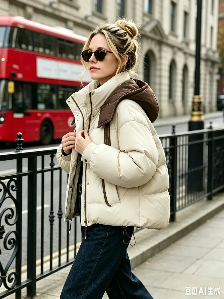 Korean Chic Contrast Trim Cropped Hooded Puffer Parka Women Petite Thick Warm Relaxed Fit Winter Coat Casual Daily Outfit 2026