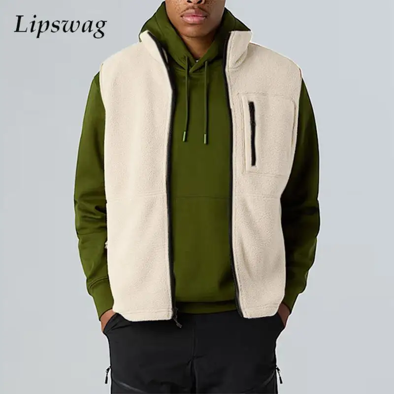 

Осенне-зимние модные универсальные жилеты, мужские однотонные флисовые жилеты, уличная одежда, повседневные флисовые пальто без рукавов с капюшоном