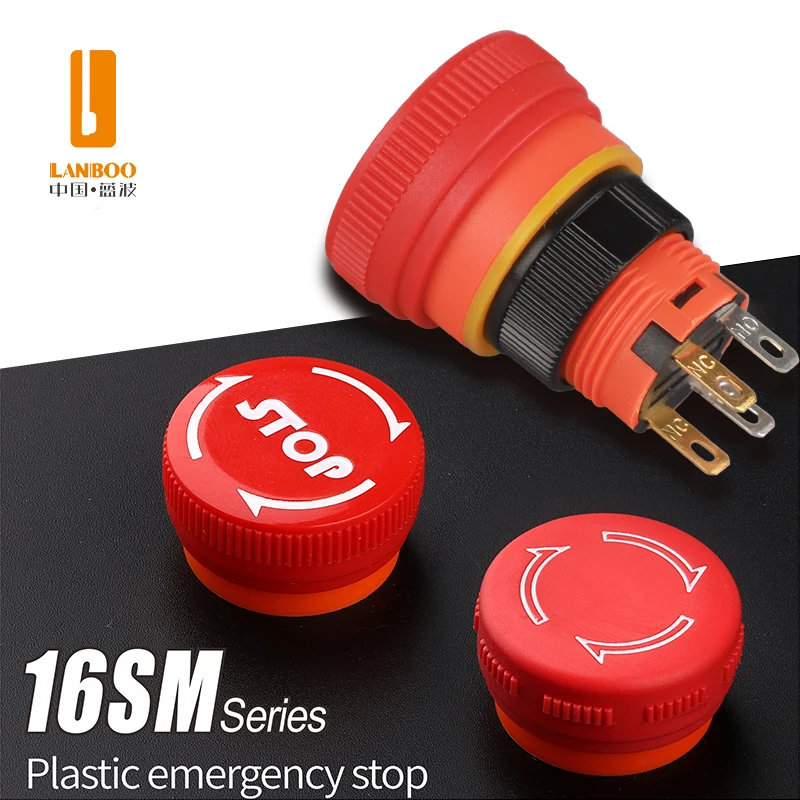 LANBOO NEW product 16mm mushroom stop button plastic material 6Amp 1NO1NC Emergency stop switch red head