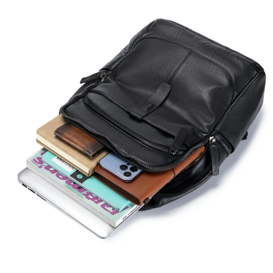 Black Man Genuine Leather Backpack Multi-Pocket Computer Rucksack for Work Pebbled Texture Cow Leather Laptop Backpack