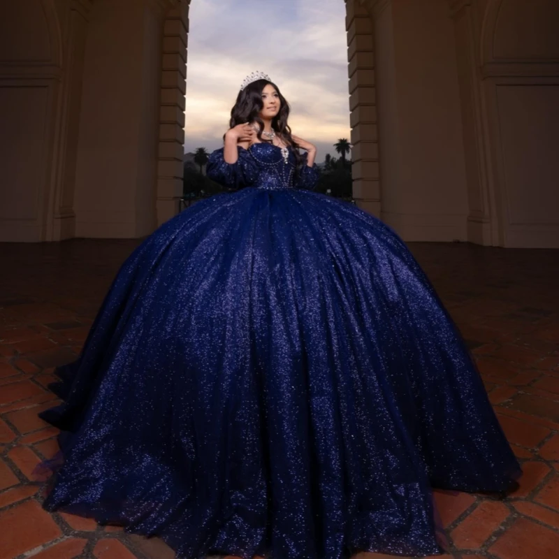 

Navy Blue Shiny Quinceanera Dresses Off Shoulder Ball Gown Sweet 16 Dress Beading Crystal Tull Corset Birthday Party Vestidos 15
