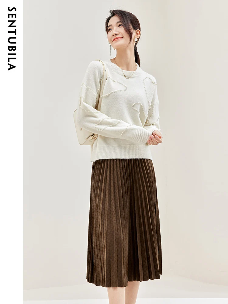 SENTUBILA Spring Elegant Matching Sets 2024 O-neck Sweater A-line Pleated Midi Skirt Set Woman 2 Pieces Skirt and Top 733Z51798Z