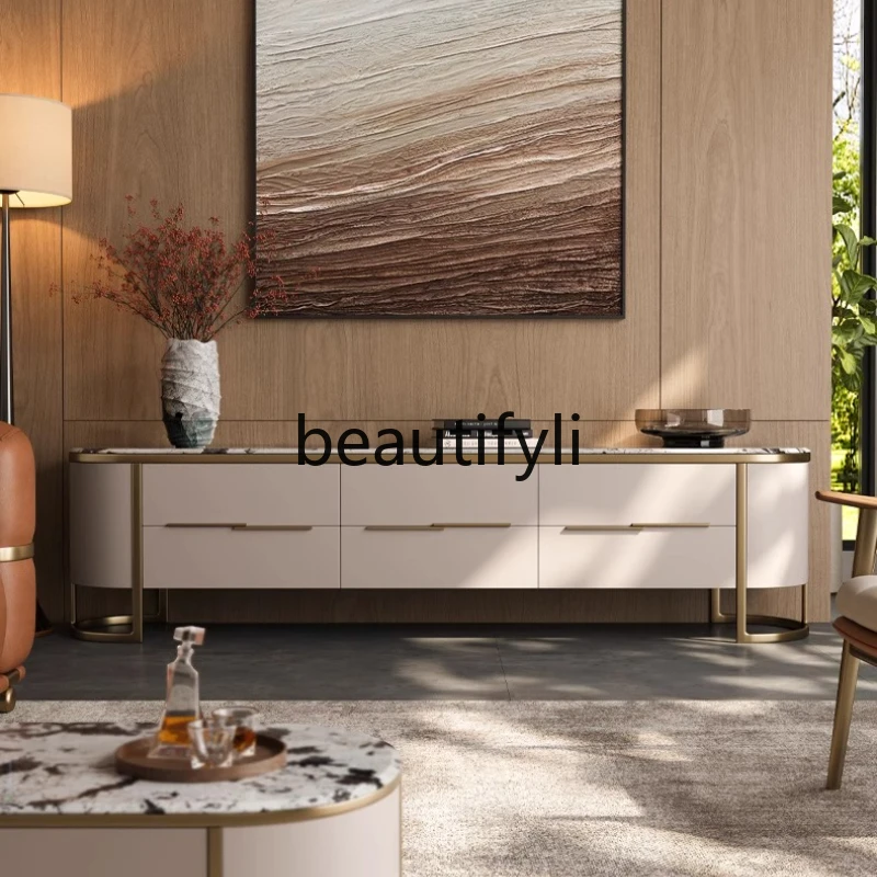 

Light luxury natural marble TV cabinet coffee table combination high-end sense home Italian designer villa floor cabinet