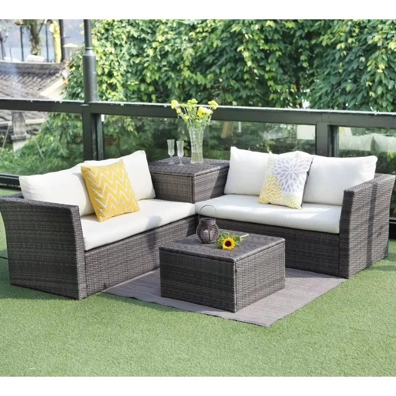 Sofá do Rattan ajustado para exterior, 4 pcs