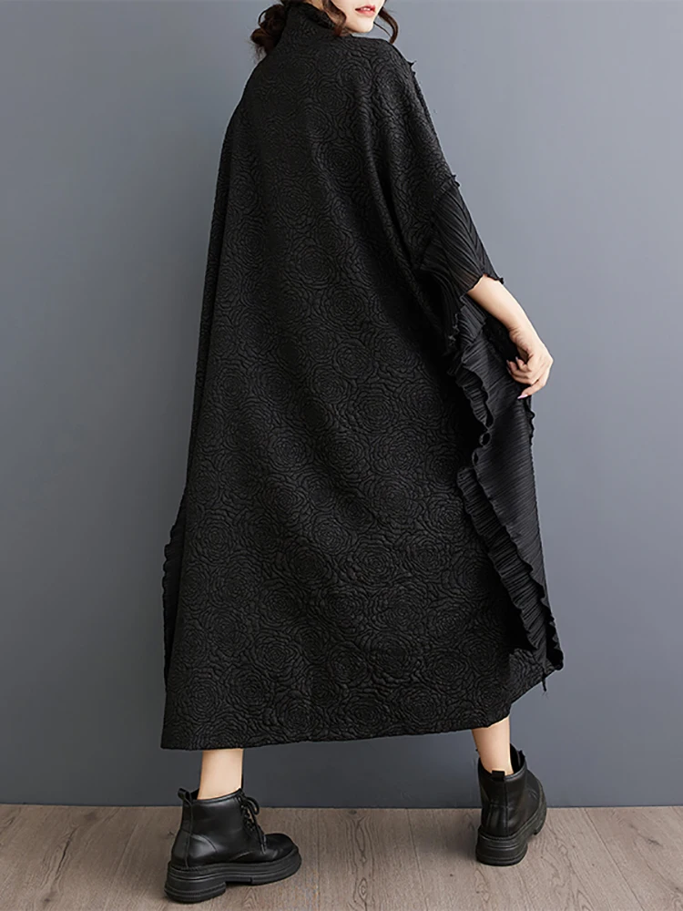 XITAO Gauze Patchwork Batwing Sleeve Dresses Half High Collar Contrast Color Vintage Pullover Fashion Slimming Autumn HJF5116