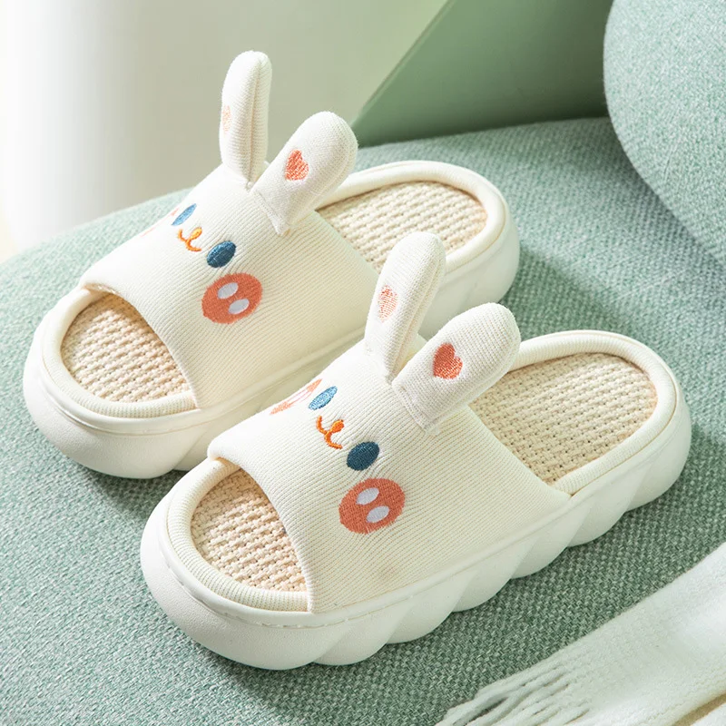 

Thick Sole Cartoon Bunny Linen Slippers Female Cute Rabbit Anti-slip Sweat Home Comfy Sandals Four Seasons Family Cotton Slipper