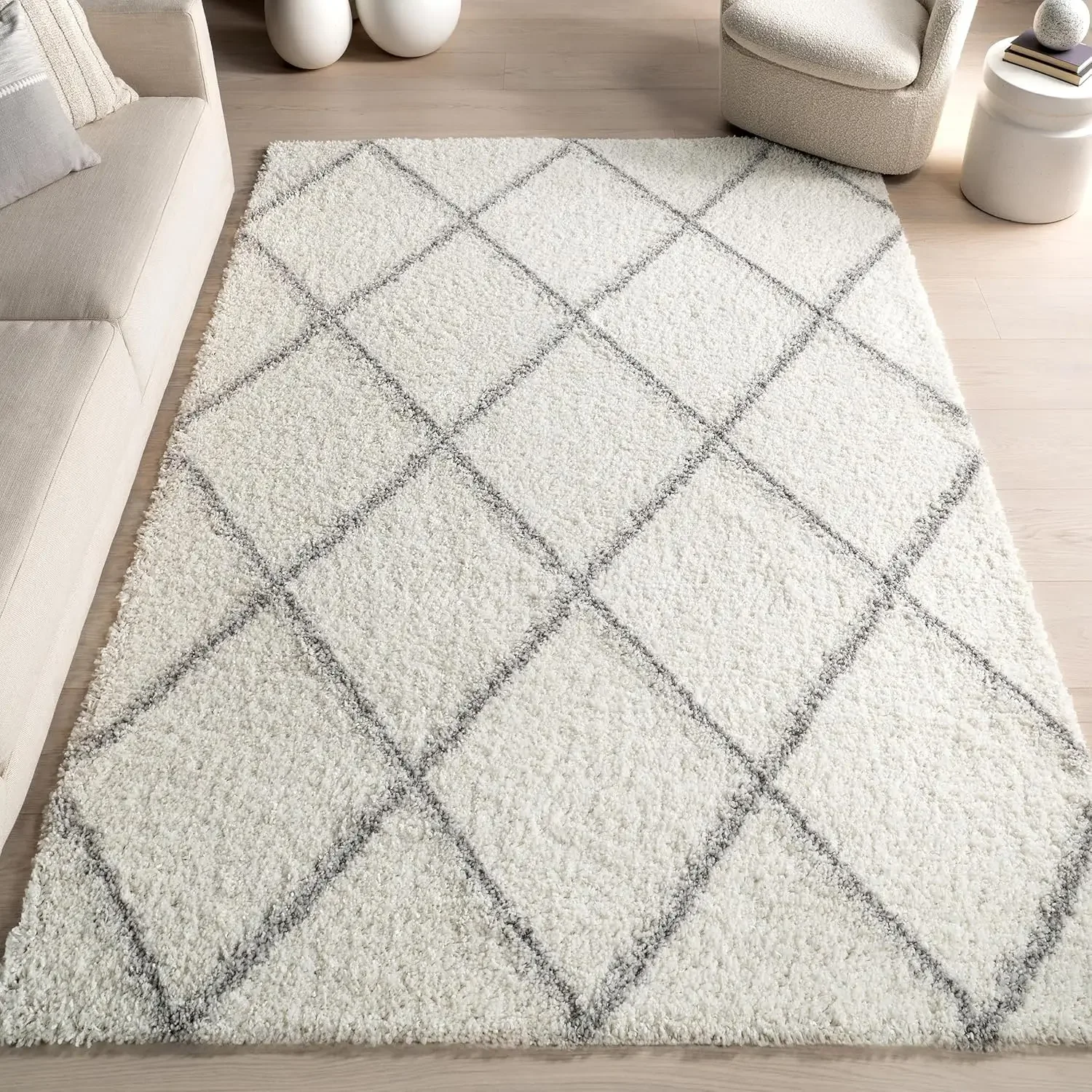 

Tess Марокканский коврик Shag - 5x8 Shag Area Rug Современные/современные белые/серые коврики для гостиной, спальни, столовой, детской комнаты