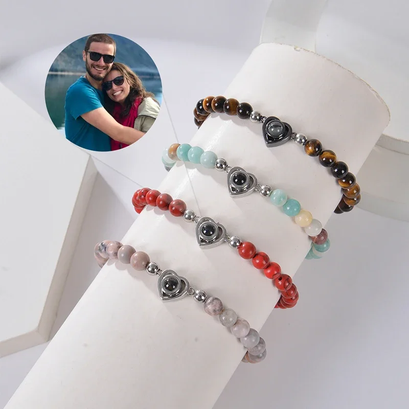 

Custom Photo Bracelet with Picture Inside Personalized Photo Projection Bracelet Heart Picture Natural Stone Beads Bracelet Gift