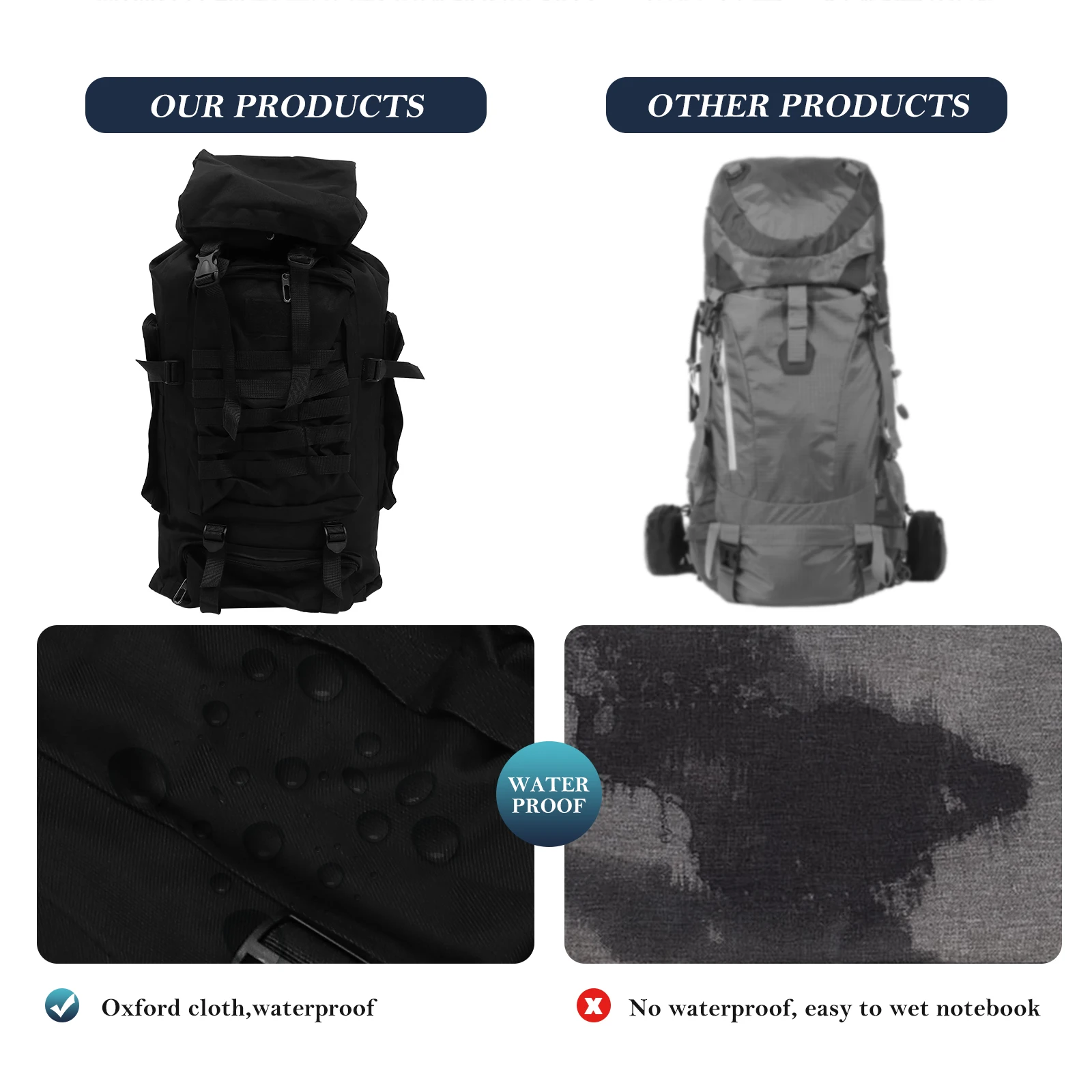 

Waterproof Backpack Black Large Capacity Outdoor Sports Use Adjustable Waist Strap Multi Pockets Camping Hiking Climbing