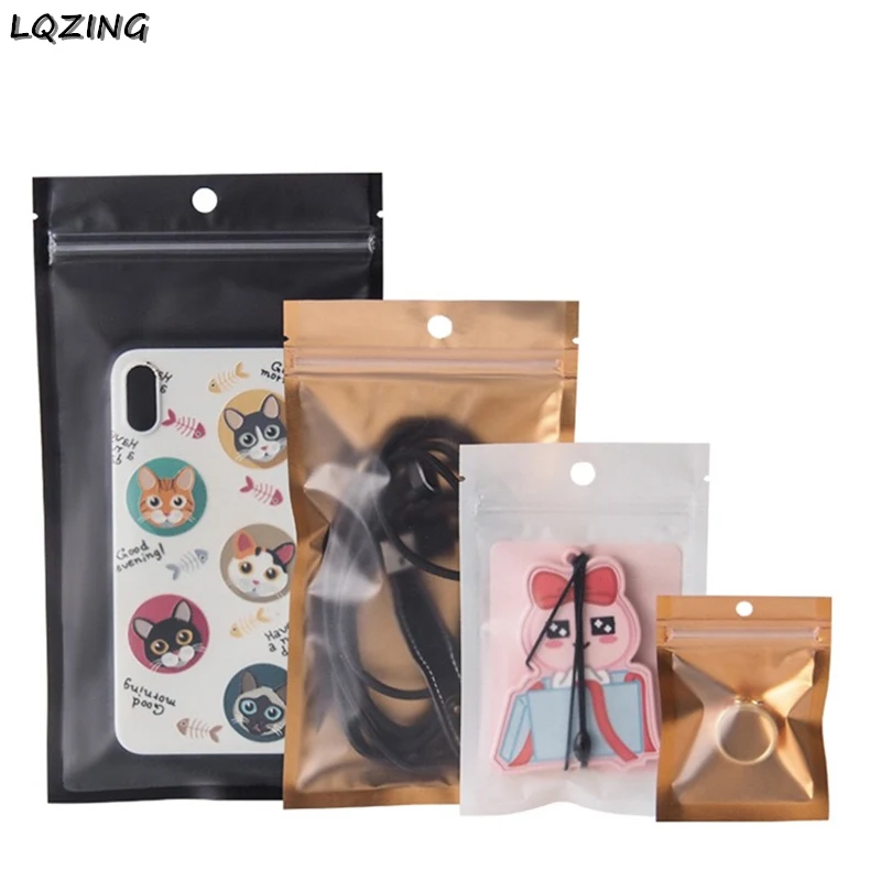 

Black/White Retail Foil Mylar Bags Gold Plastic Packaing Smell Proof Bag With Clear Window Display Jewelry Storage Zipper Pouch